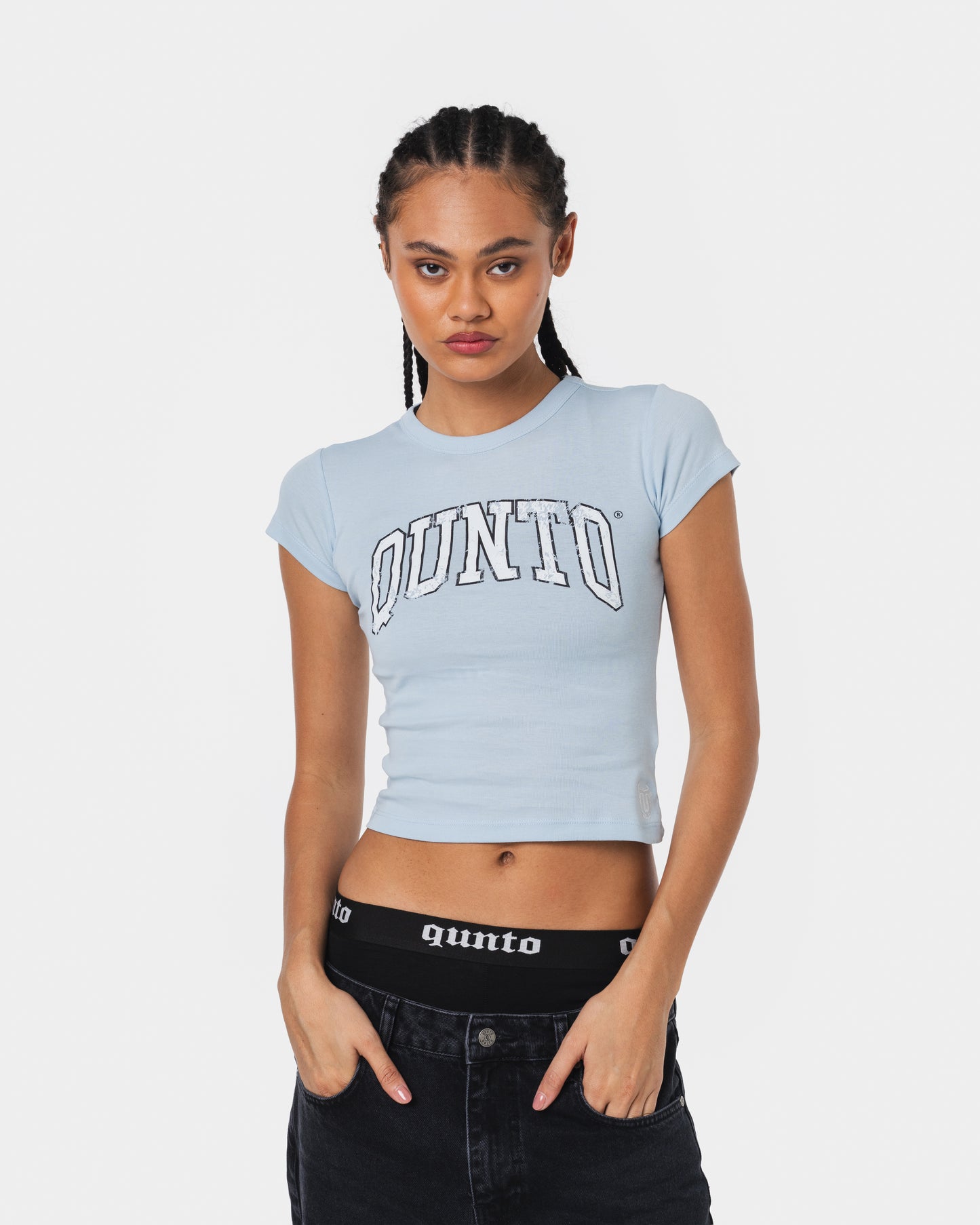 WHITE ON BLUE BABY TEE