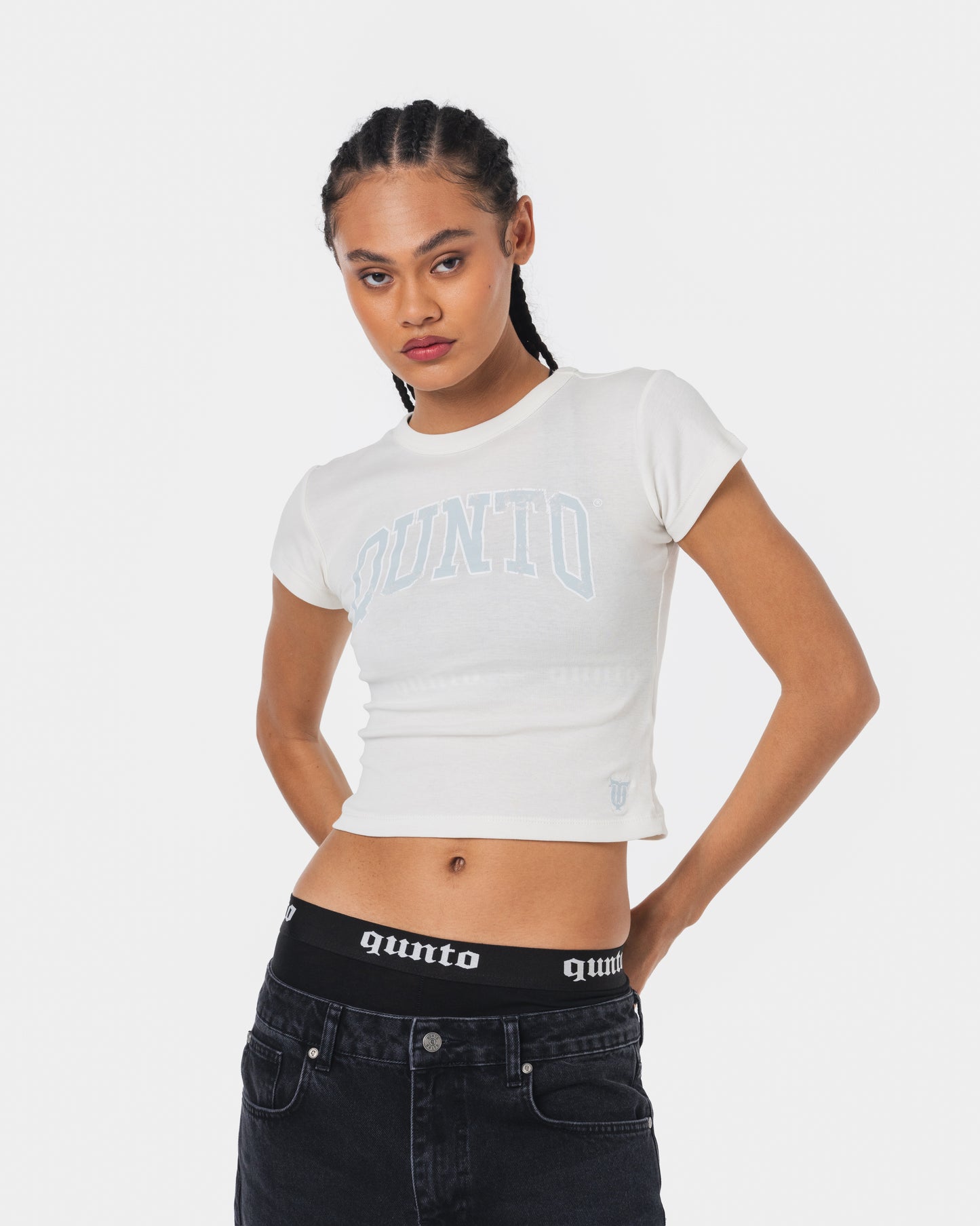 BLUE ON WHITE BABY TEE