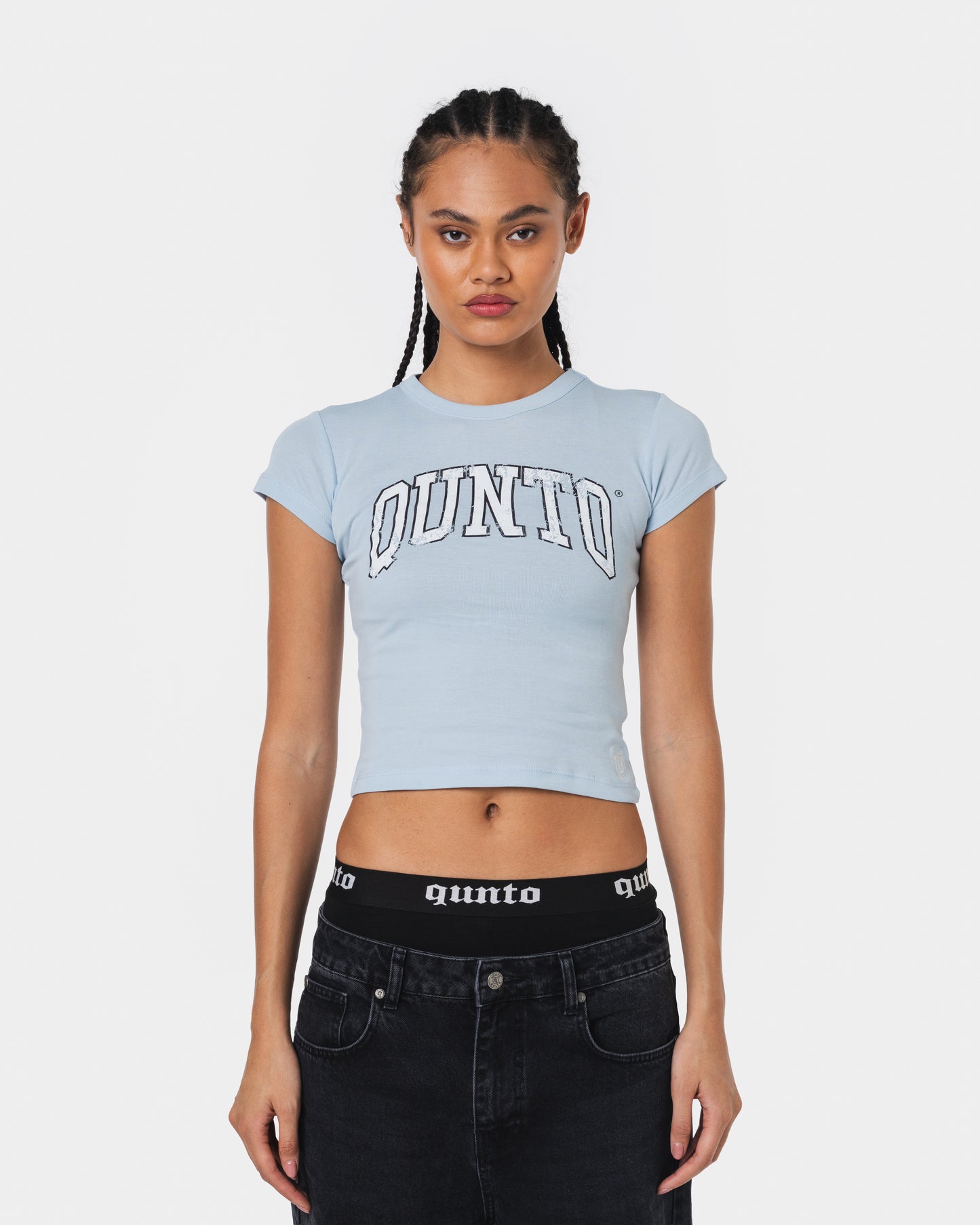 WHITE ON BLUE BABY TEE